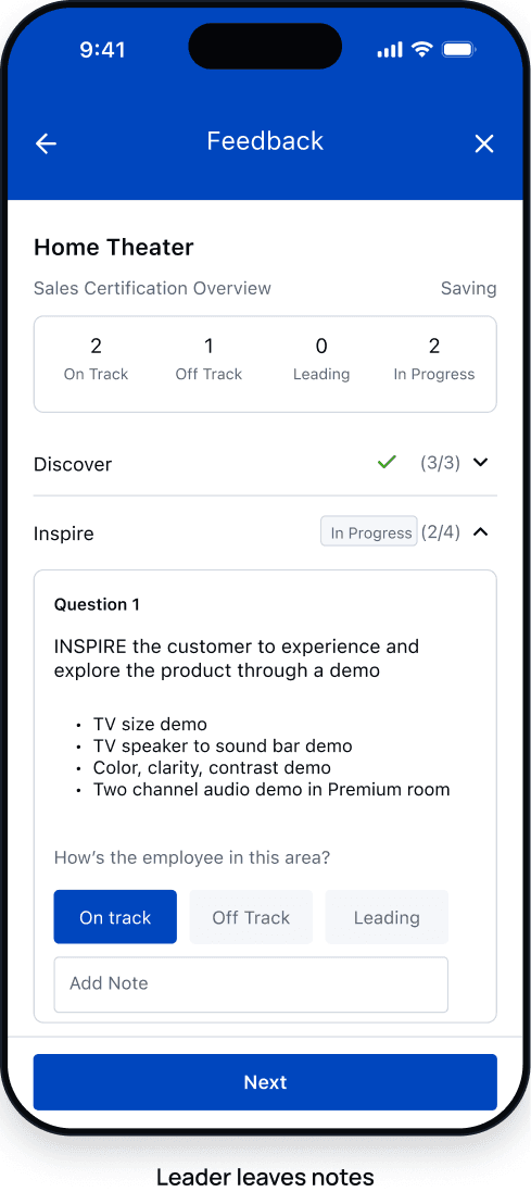 Inspire section open with question one and On track selected