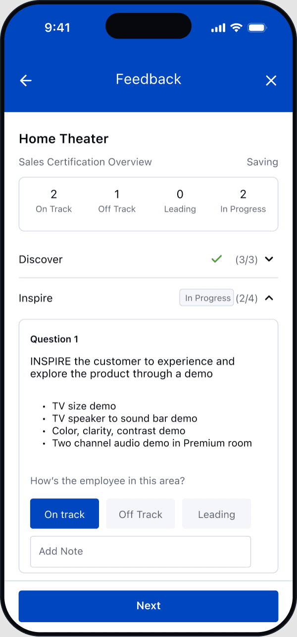 Home Theater sales certification in progress: Discover complete, Inspire in progress with question one open and On track selected