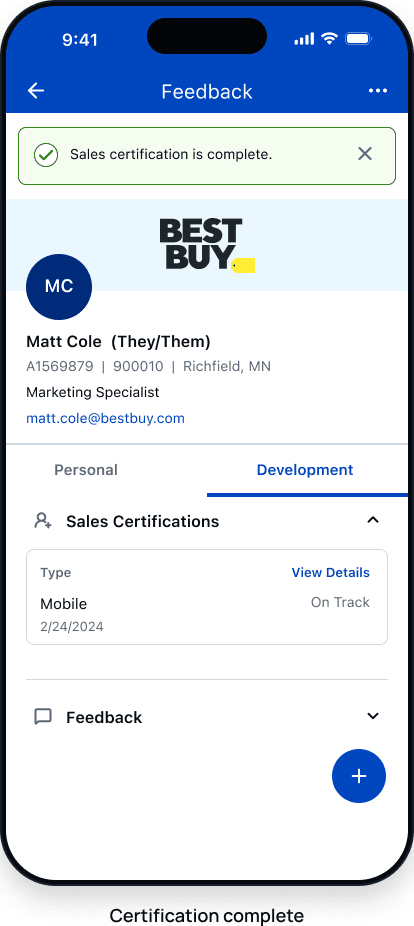 Employee profile confirming the sales certification is complete
