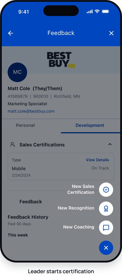 Leader view of Matt Cole's profile with the new sales certification action