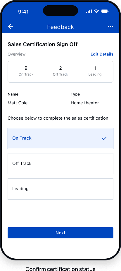 Sales certification sign-off screen with On Track selected