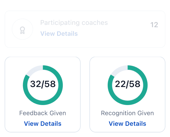 Coverage view: Feedback Given 32 of 58 and Recognition Given 22 of 58 rings