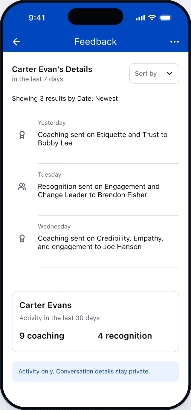 Coach activity detail screen listing Carter Evans's coaching and recognition activity over the last 7 days