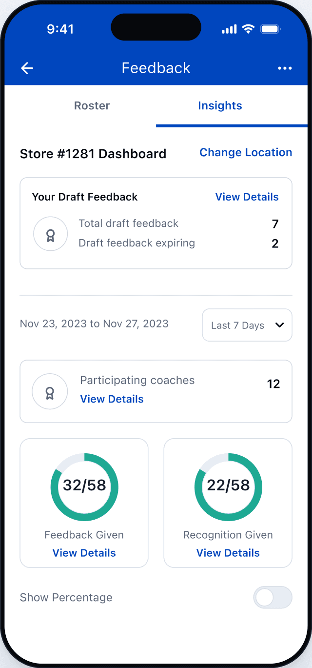 Coaching dashboard screen: Insights tab for Store #1281 with draft feedback, participating coaches, and Feedback Given and Recognition Given rings