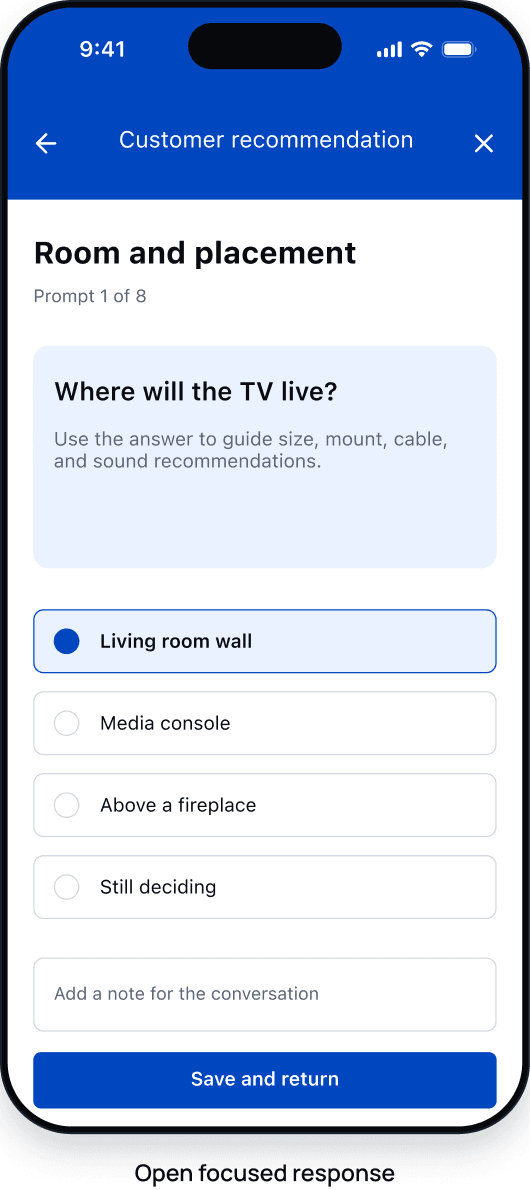 Appliances focused response asking what space we are fitting, with standard opening selected