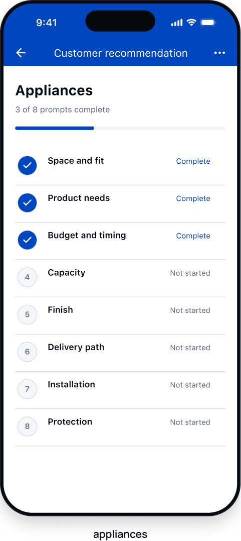 Appliances prompt list: space and fit, product needs, budget and timing complete