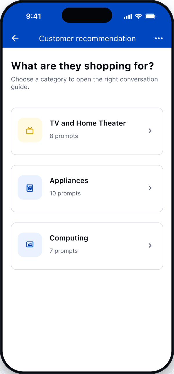 Customer recommendation screen asking what the customer is shopping for, with TV and Home Theater, Appliances, and Computing categories