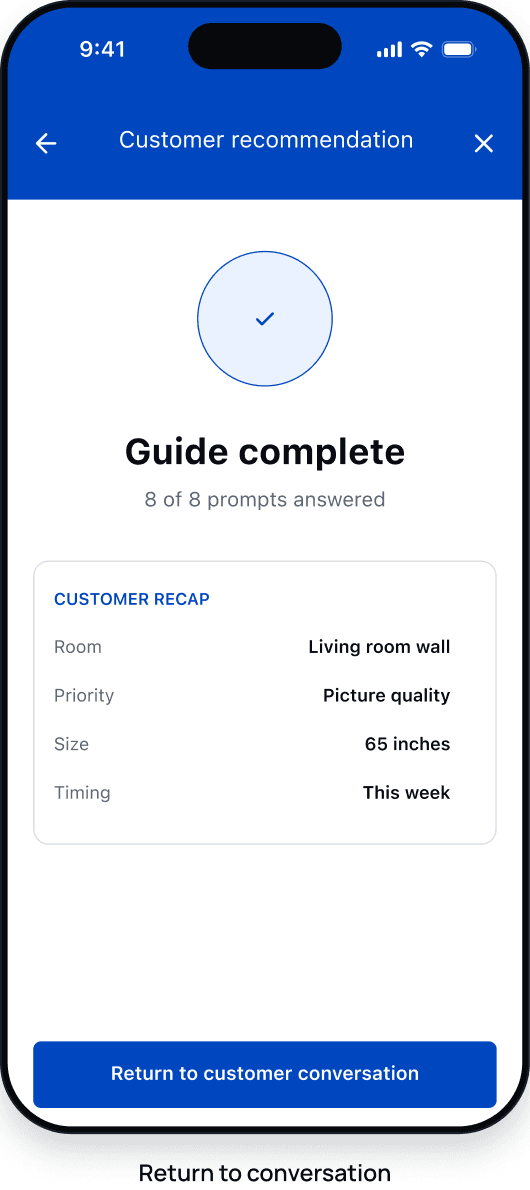 Guide complete screen with a customer recap of room, priority, size, and timing