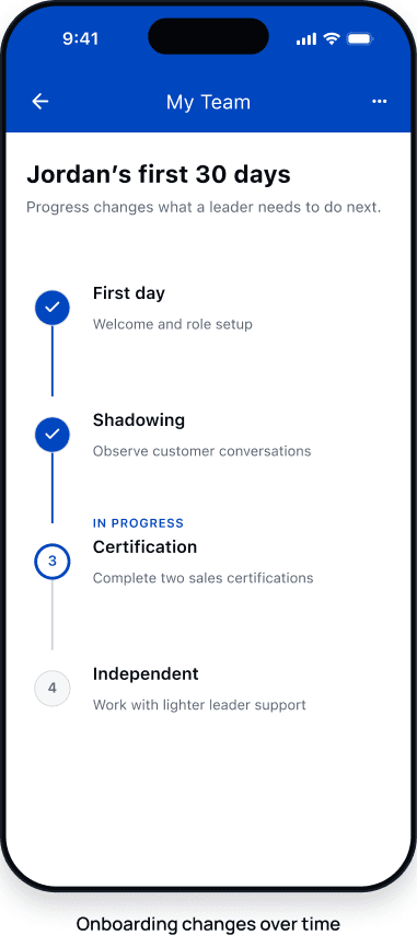 Jordan's first 30 days: onboarding progress with first day and shadowing complete, certification in progress