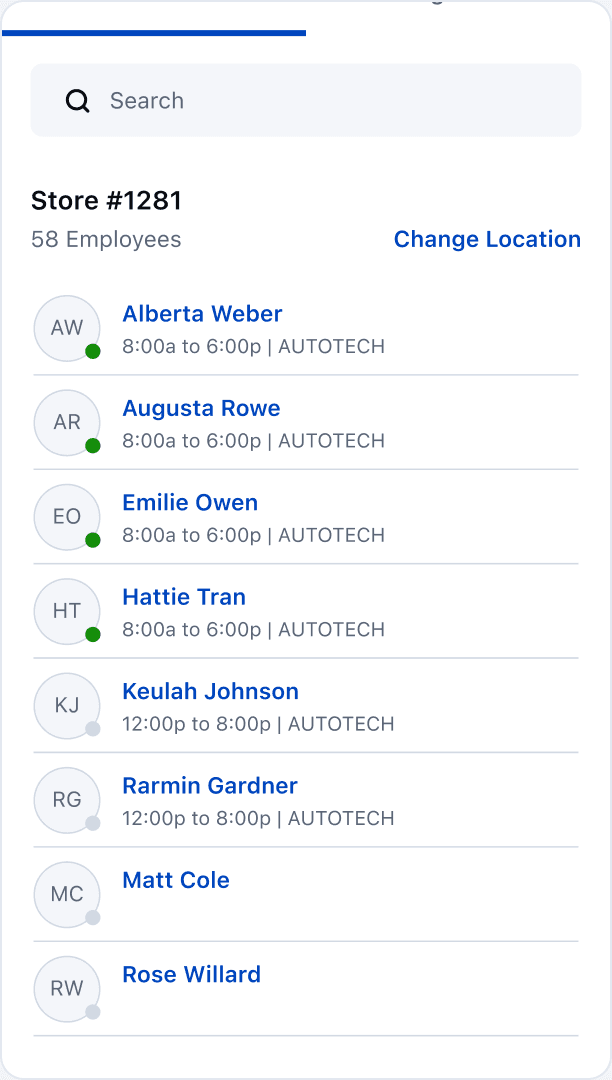 Annotated Roster 360 screen with markers on search, store location, employee rows, and row handoff
