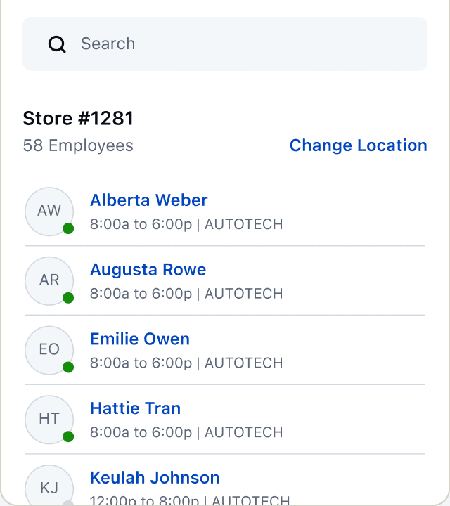 Roster 360 list pattern with search and employee rows