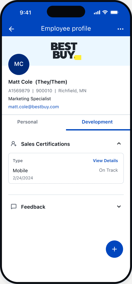 Profile 360 screen: Matt Cole's employee profile with personal and development tabs