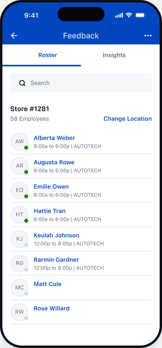 Roster 360 screen: Store #1281 list of 58 employees with shift windows and search