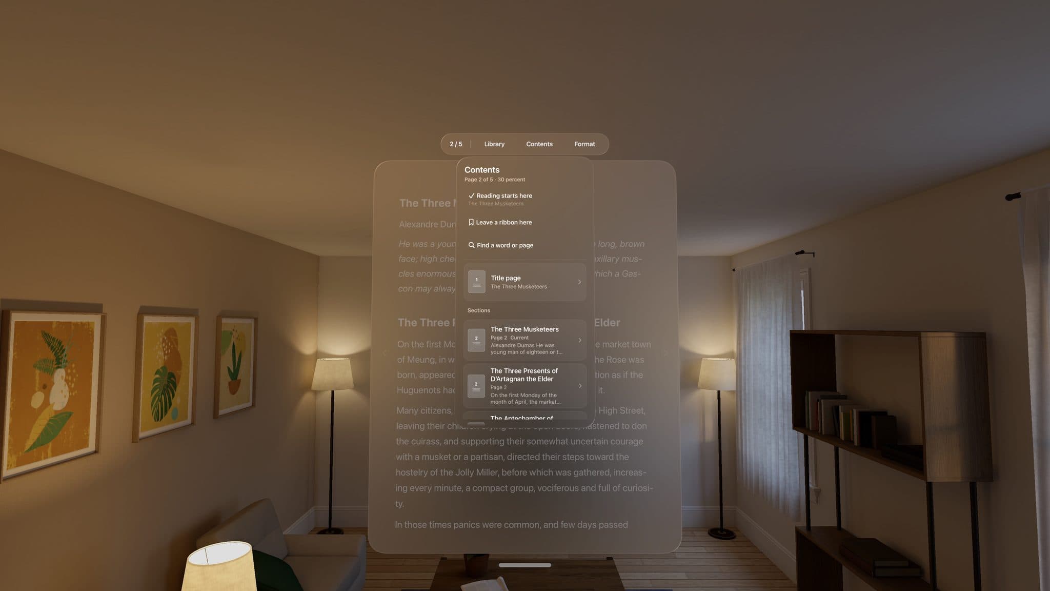 The Contents panel: reading starts here, leave a ribbon here, find a word or page, and the document’s sections