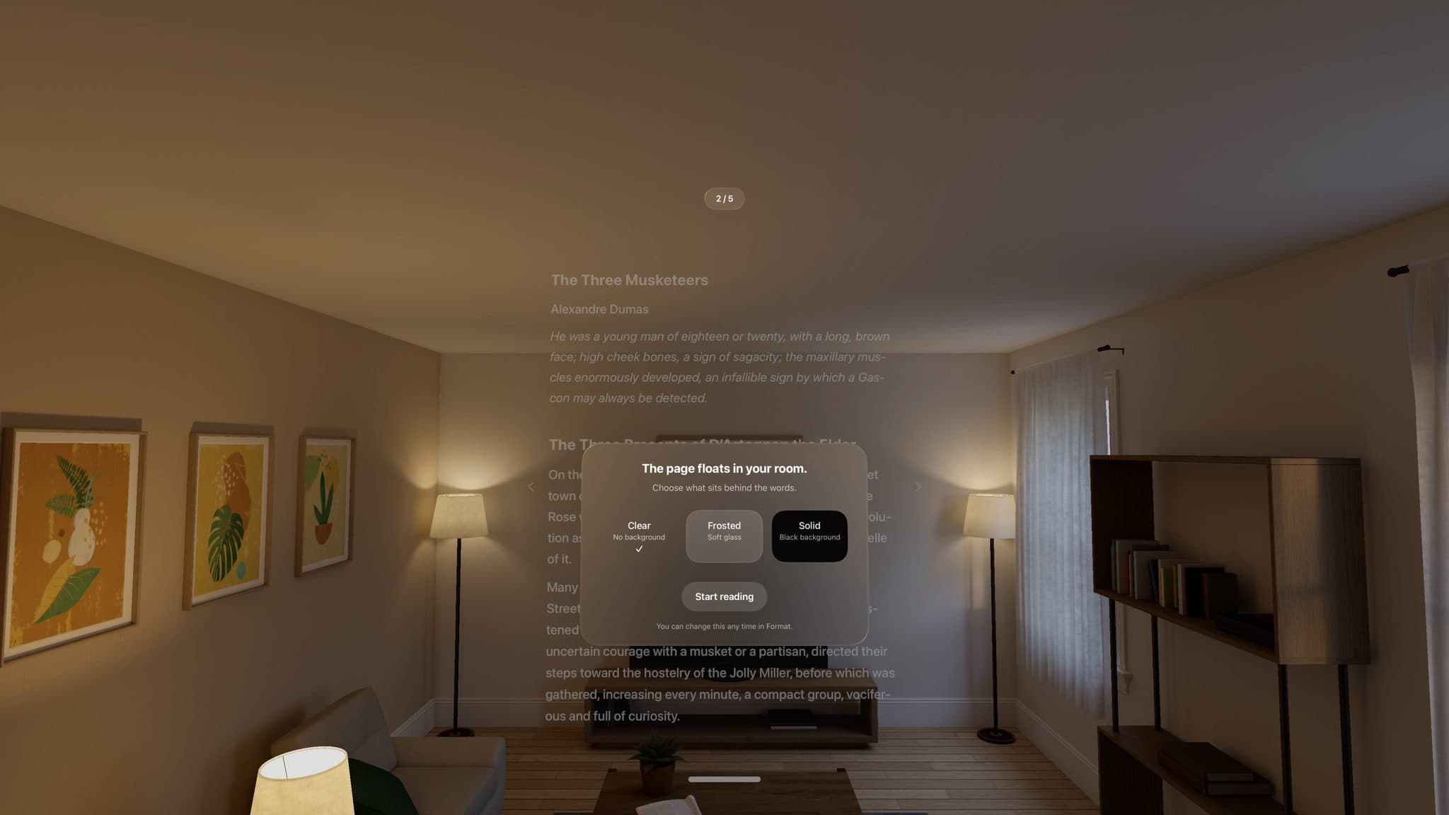 The first-run card reading The page floats in your room, with Clear, Frosted and Solid backgrounds and one Start reading button
