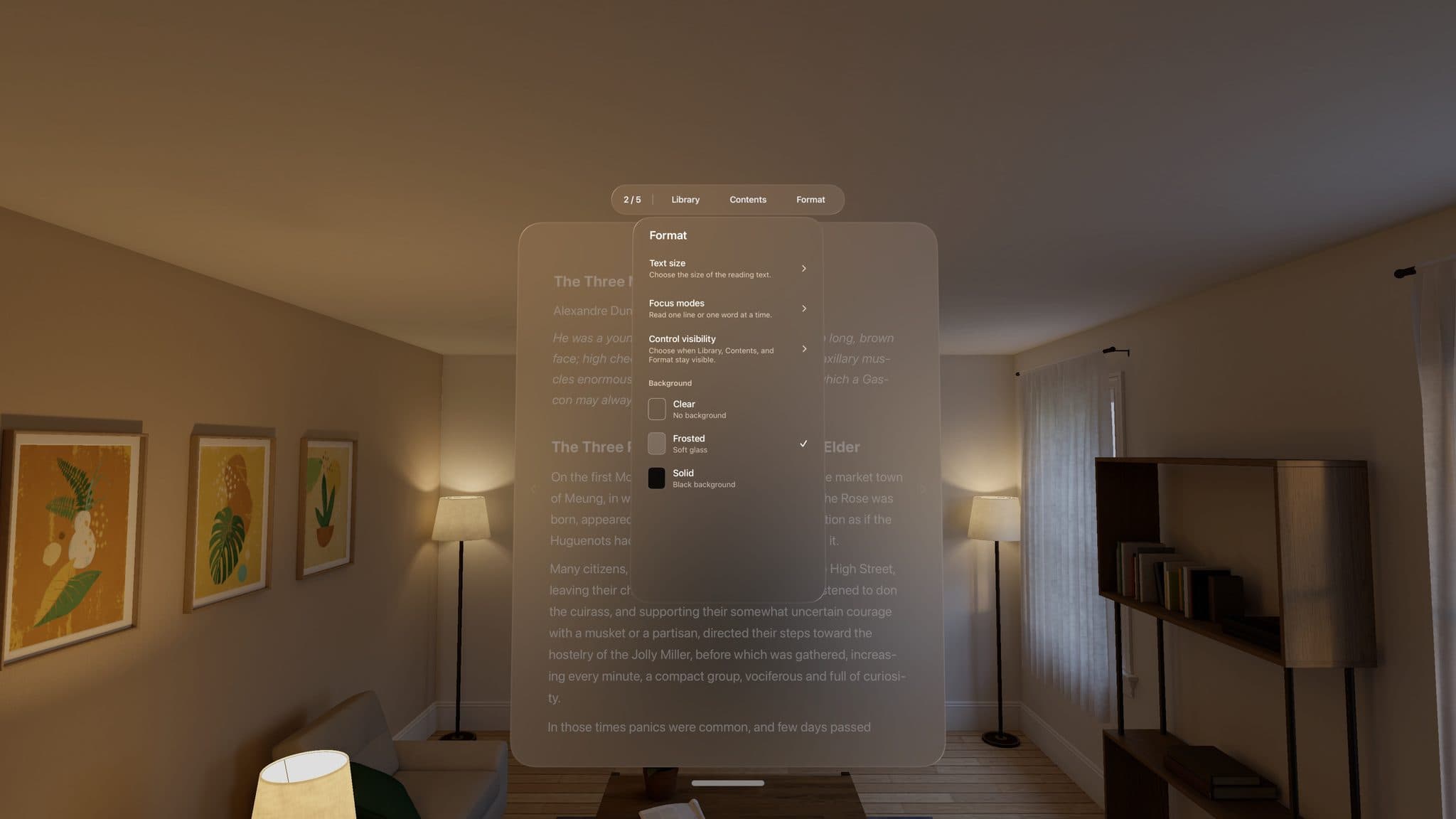 The handle expanded into Library, Contents and Format, with text size, focus modes and background controls