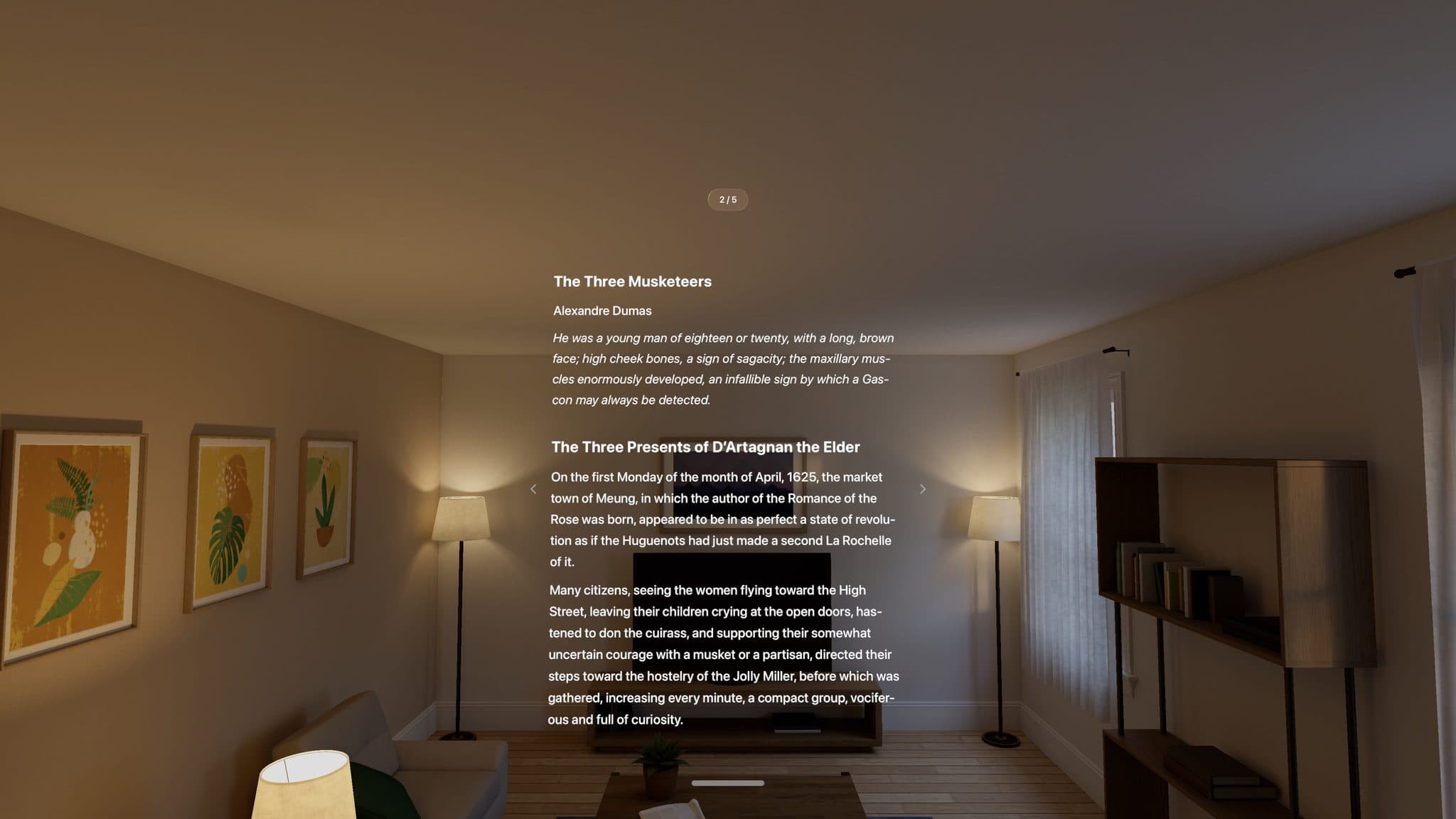 The Three Musketeers reflowed into one column of type, floating in a living room on Apple Vision Pro