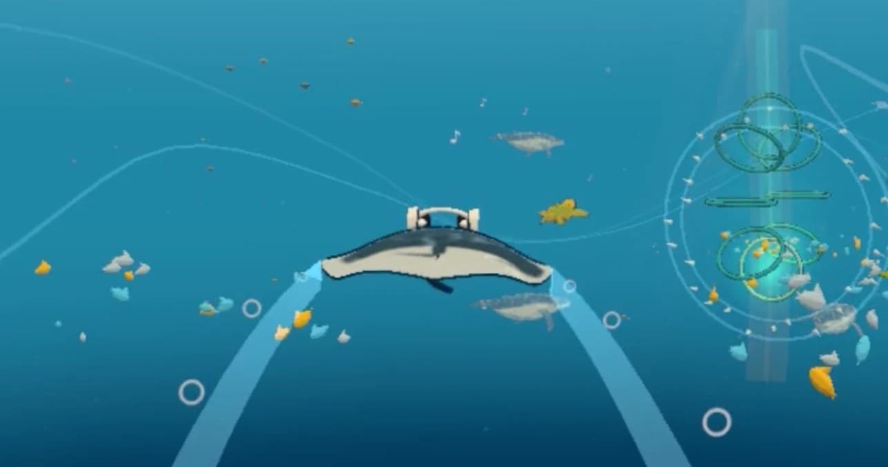 The manta mid-flight between two boost trails, a ring gate glowing ahead in open water
