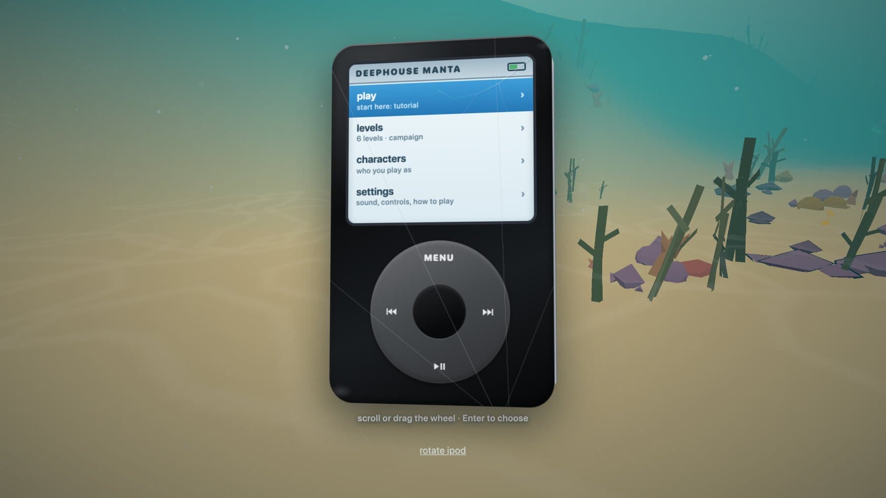 The Deephouse Manta menu: a scratched black iPod with the click wheel, the manta circling behind it