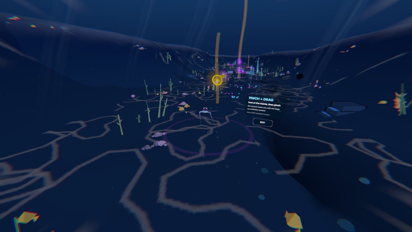 The Vision Pro spatial dive: the ocean shrunk to a diorama pinned at chest height, score panel floating in the room