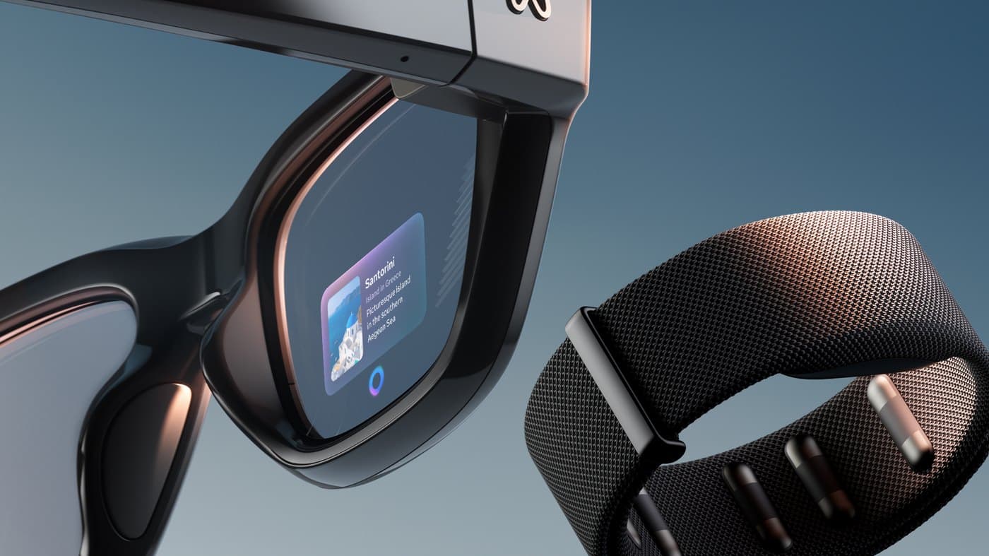 The Meta Ray-Ban Display glasses beside the neural wristband that reads gestures
