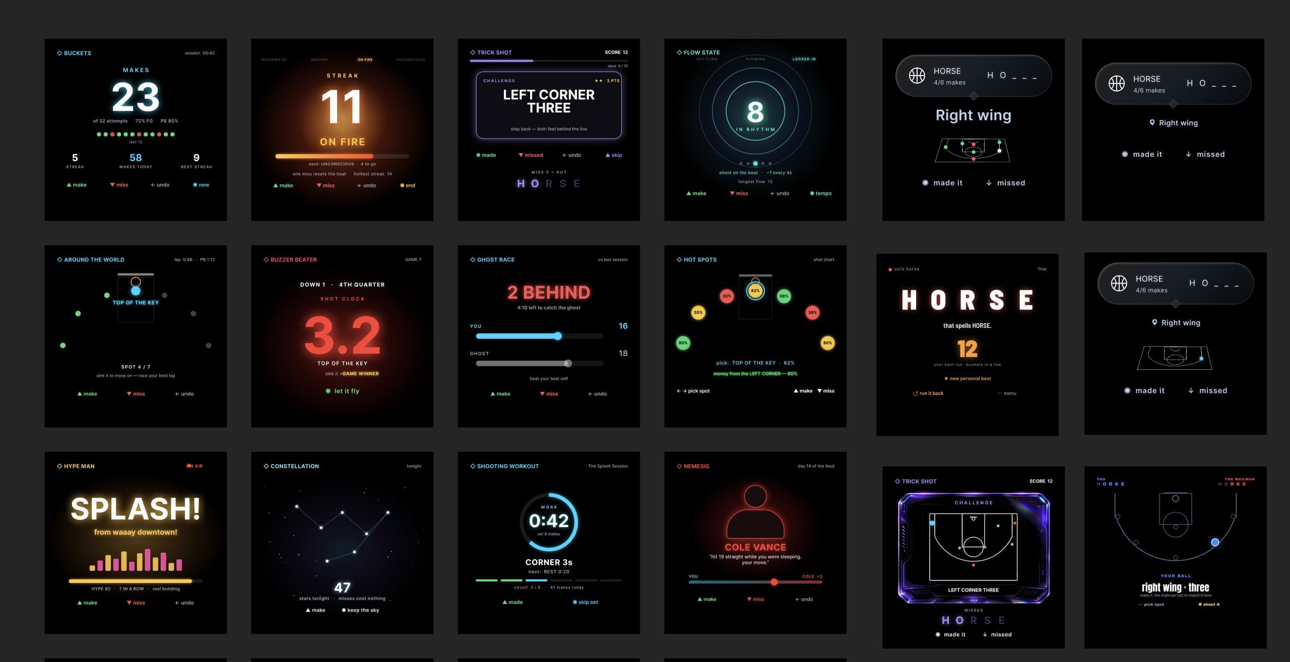 A grid of neon HORSE interface variations: buckets, streaks, ghost races, constellations, trick shots