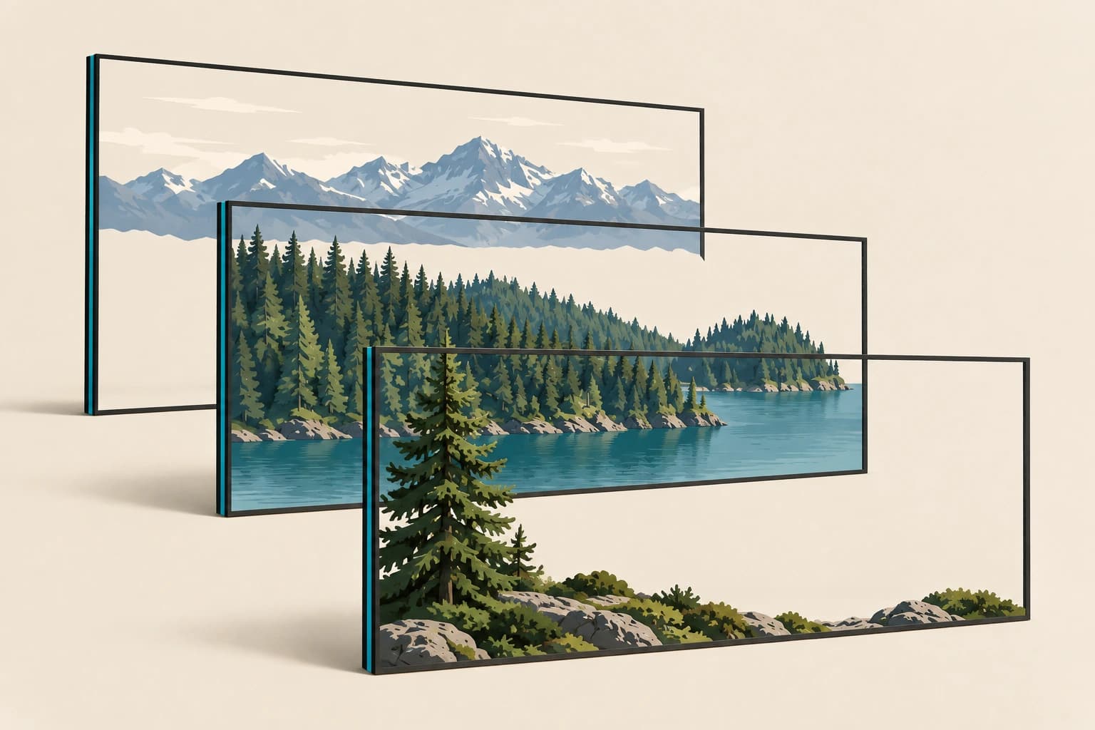 Illustration separating a landscape into foreground trees and rocks, a middle layer of forest and lake, and distant mountains