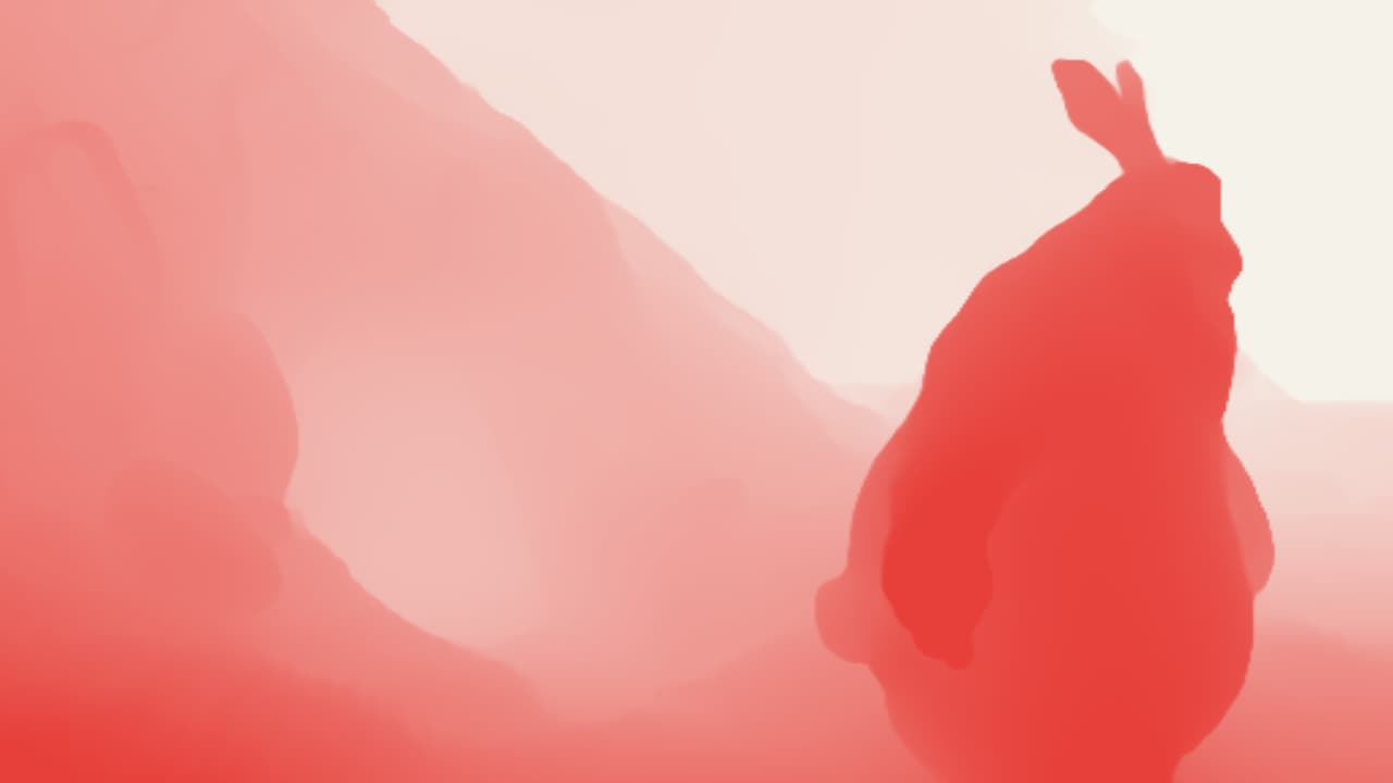 The same frame as a depth map: the nearby rabbit and ground are red, the hill is pale pink, and the distant sky is white
