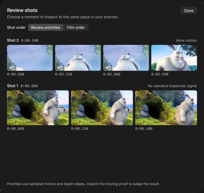 Make It 3D shot review with frame previews and motion and edge indicators to guide visual inspection