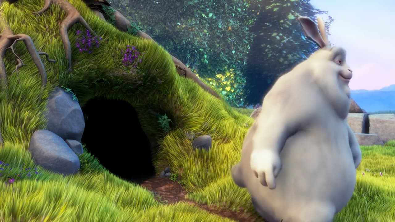 An ordinary video frame of a rabbit beside a burrow, with trees and sky behind it