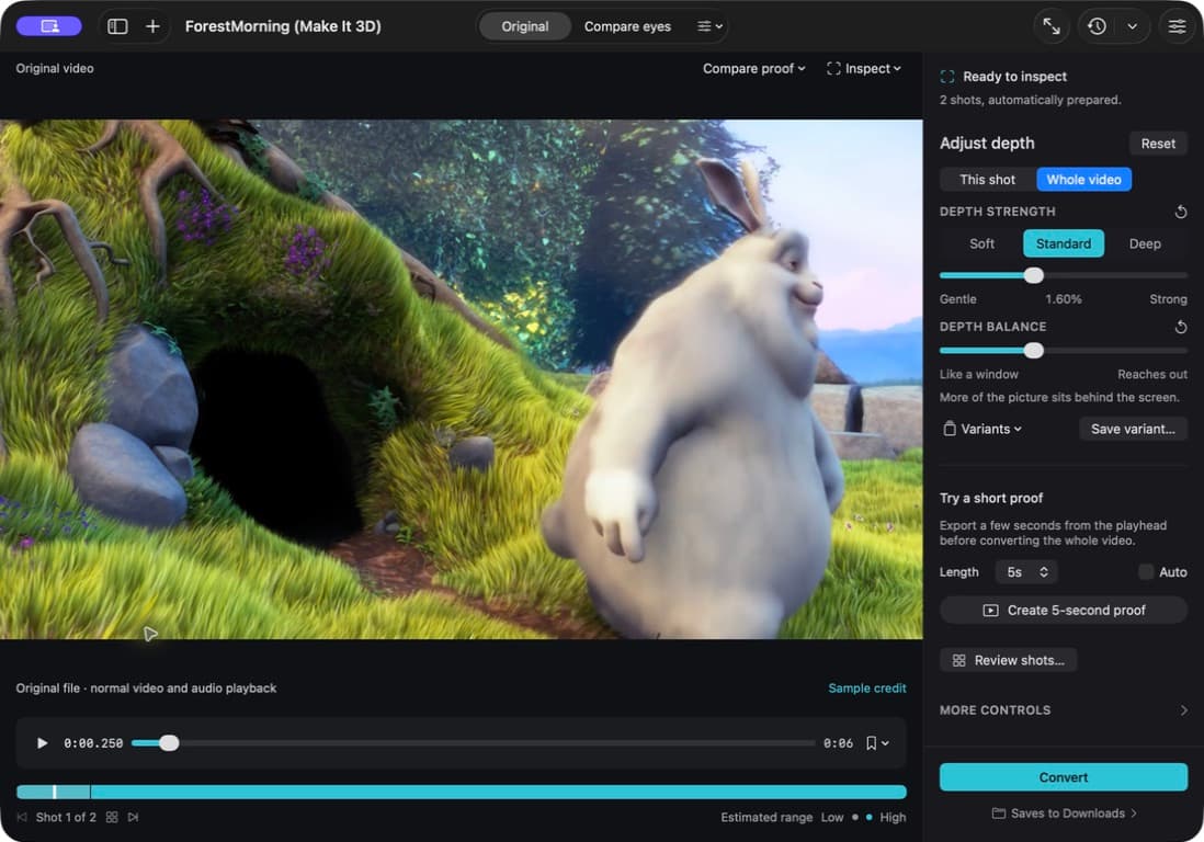 Make It 3D with a larger video viewer, visible depth controls, and one Convert button