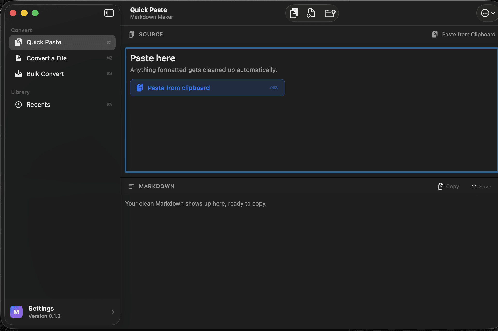 Markdown Maker Quick Paste in a single native Mac window