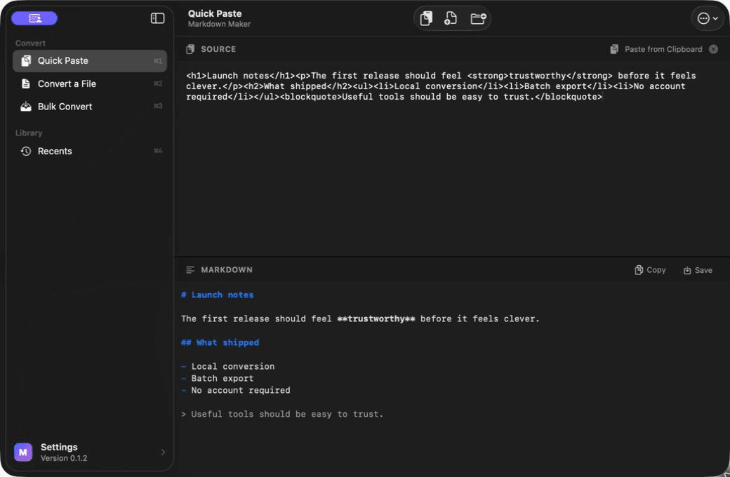 Markdown Maker showing source text and converted Markdown together in its Quick Paste window