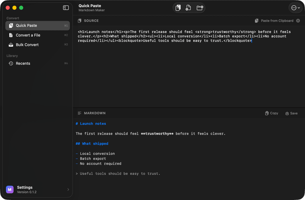 Markdown Maker showing source text and converted Markdown together in its Quick Paste window