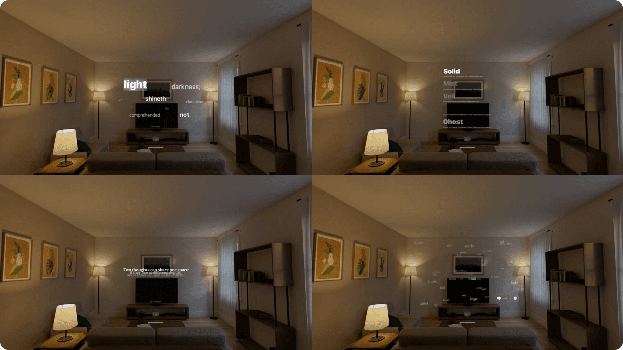 Four spatial typography studies shown in an Apple Vision Pro room