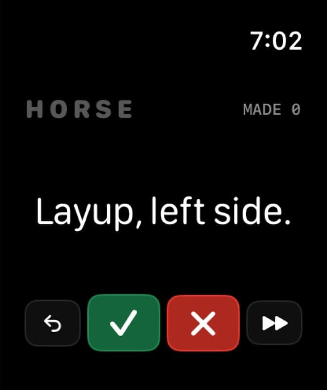 The watch calls the shot: Layup, left side, with green made and red missed buttons