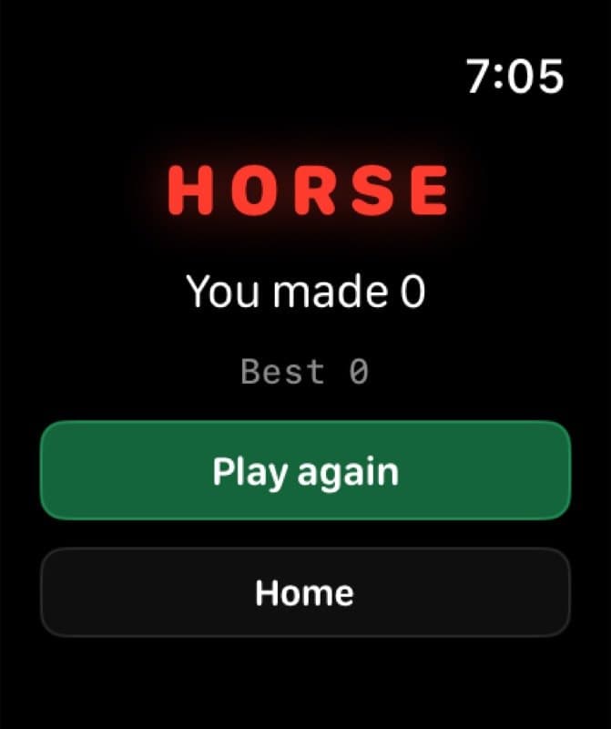 Game over: HORSE, you made 0, play again or home