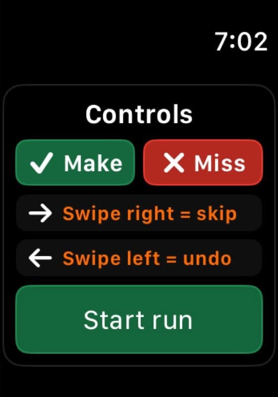 Start overlay with the controls: make, miss, swipe to skip or undo
