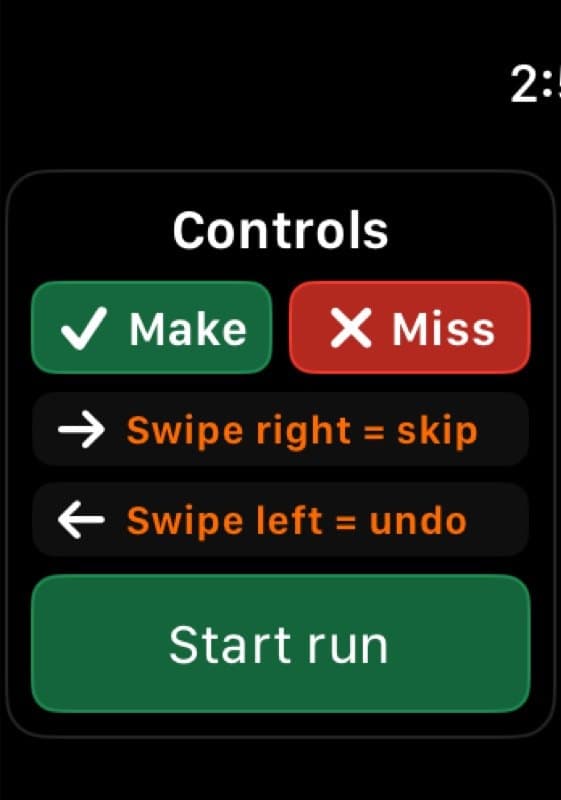 Start overlay with the controls: make, miss, swipe to skip or undo